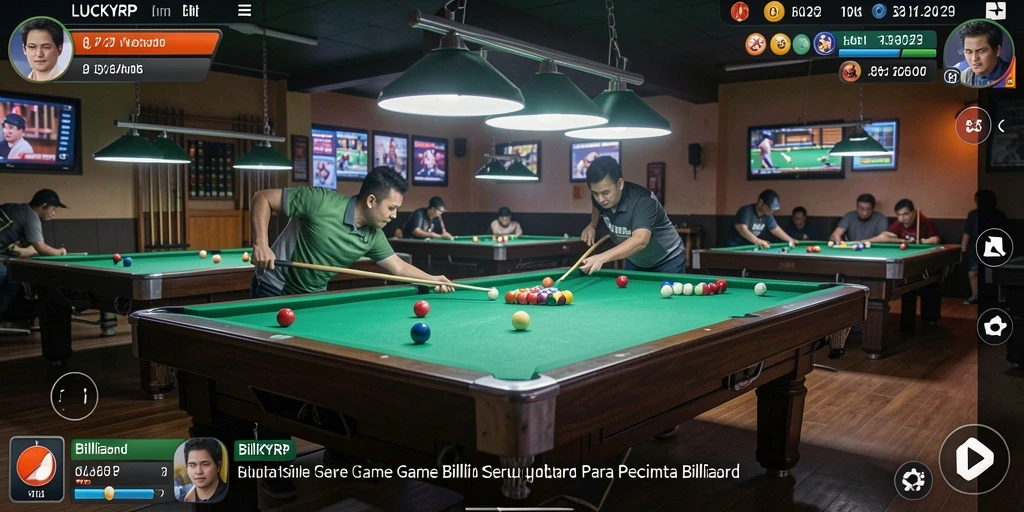 Tampilan antarmuka LUCKYRP yang menarik dengan meja billiard.