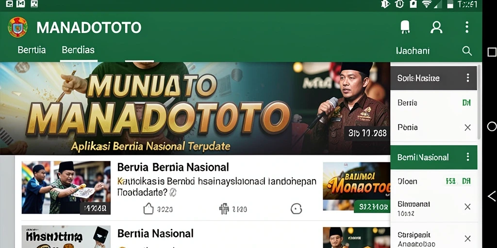Antarmuka aplikasi MANADOTOTO menunjukkan berita nasional terkini.